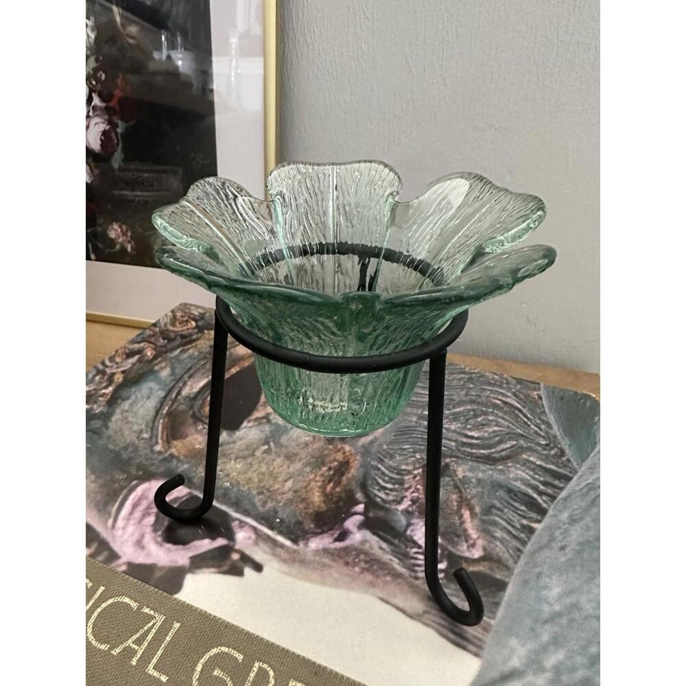 Vintage Viking Glass Green Flower Petal Candle Holder Votive W/ Black Iron Stand